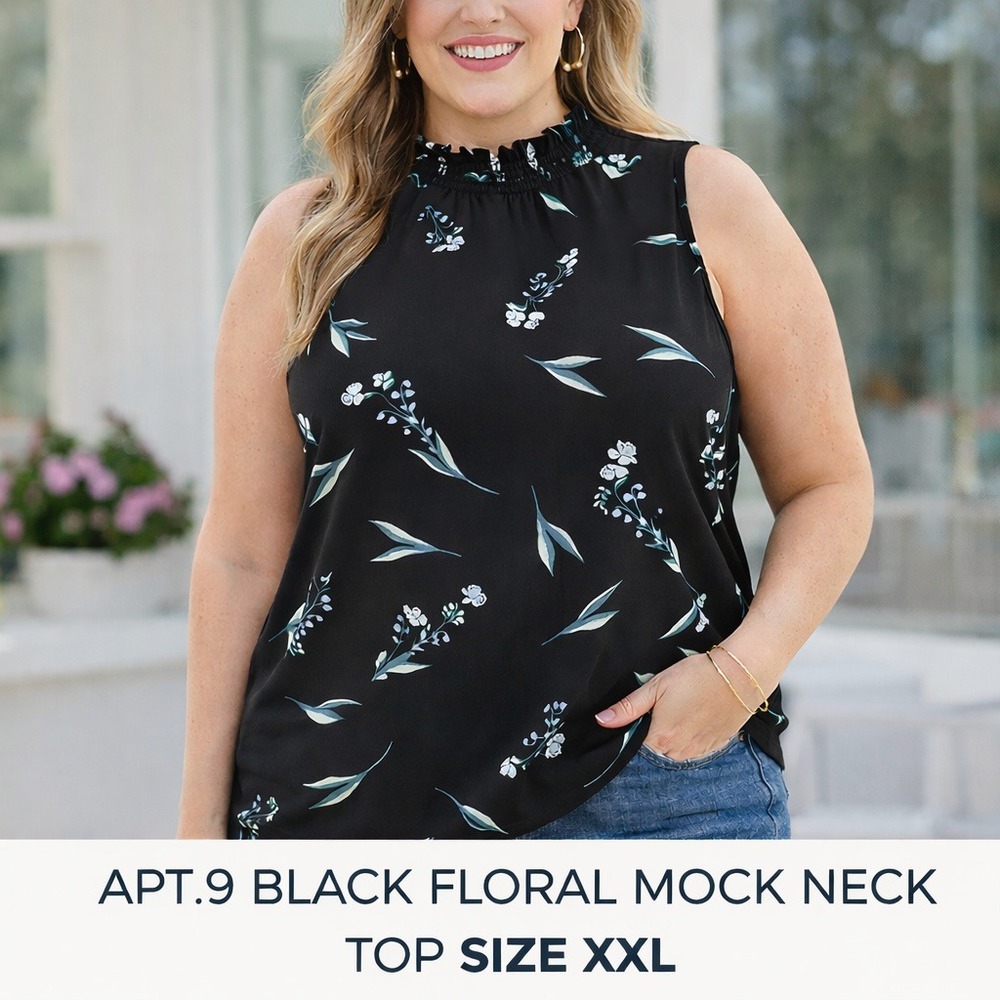Apt.9 Women's Black Floral Sleeveless Mock Neck Top XXL Elegant Summer Blouse‎